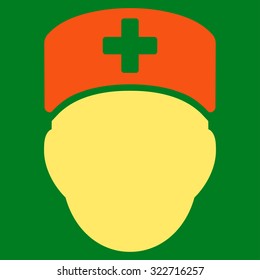 Doctor Head vector icon. Style is bicolor flat symbol, orange and yellow colors, rounded angles, green background.