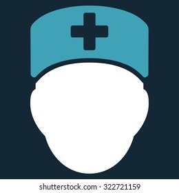 Doctor Head vector icon. Style is bicolor flat symbol, blue and white colors, rounded angles, dark blue background.