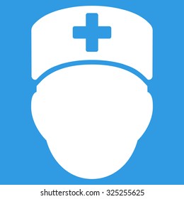 Doctor Head vector icon. Style is flat symbol, white color, rounded angles, blue background.