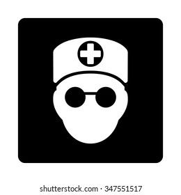 Doctor Head vector icon. Style is flat rounded square button, white and black colors, white background.