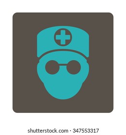 Doctor Head vector icon. Style is flat rounded square button, cyan and grey colors, white background.