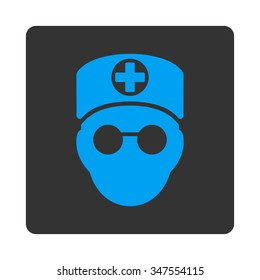 Doctor Head vector icon. Style is flat rounded square button, blue and gray colors, white background.