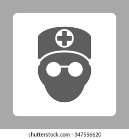 Doctor Head vector icon. Style is flat rounded square button, dark gray and white colors, silver background.