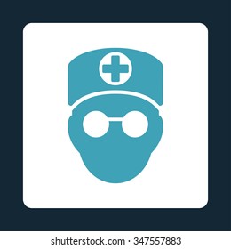 Doctor Head vector icon. Style is flat rounded square button, blue and white colors, dark blue background.