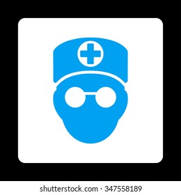 Doctor Head vector icon. Style is flat rounded square button, blue and white colors, black background.