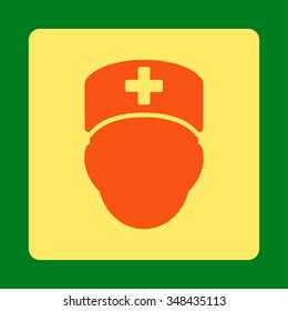 Doctor Head vector icon. Style is flat rounded square button, orange and yellow colors, green background.