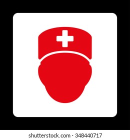 Doctor Head vector icon. Style is flat rounded square button, red and white colors, black background.