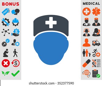 Doctor Head vector icon. Style is bicolor flat symbol, smooth blue colors, rounded angles, white background.