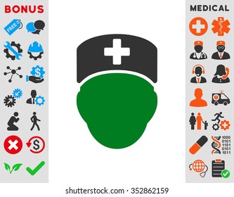 Doctor Head vector icon. Style is bicolor flat symbol, green and gray colors, rounded angles, white background.