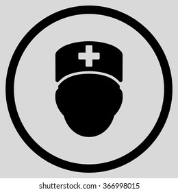 Doctor Head vector icon. Style is flat circled symbol, black color, rounded angles, light gray background.