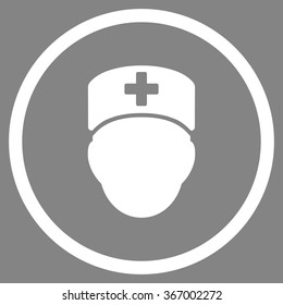 Doctor Head vector icon. Style is flat circled symbol, white color, rounded angles, gray background.