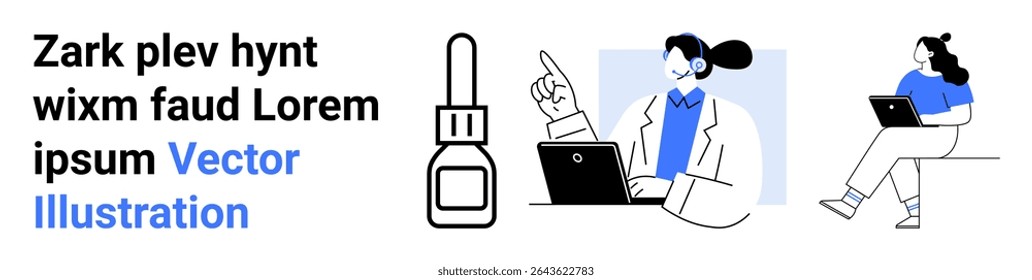 Doctor with headset and laptop, medical bottle image, person seated with laptop. Ideal for telemedicine, online consultations, healthcare tech, working remotely, health diagnostics, virtual meetings