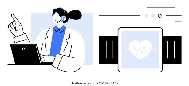 Doctor with headset working on laptop, pointing up. Smartwatch displaying heart rate. Ideal for telemedicine, healthcare, remote monitoring, technology, fitness, medical advice, digital health. Line