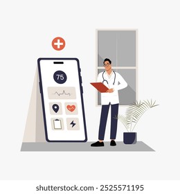 Doctor with health app and smartphone, flat vector illustration symbolizing healthcare, medical technology, and patient monitoring, isolated on white background.