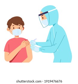 doctor health worker help inject covid corona vaccine syringe to patient in flat style vector illustration