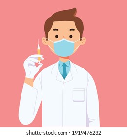 doctor health worker hold covid corona vaccine syringe in flat style vector illustration