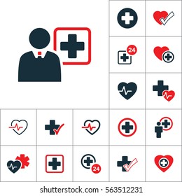 doctor, health worker icon, medical signs set on white background