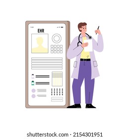 Doctor or healthcare specialist making electronic records of patients health, flat vector illustration isolated on white background. EHR digital records app concept.