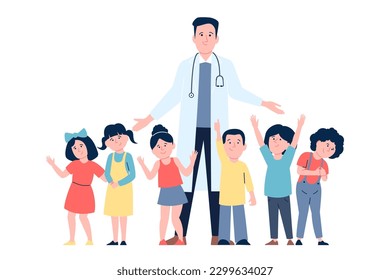 Doctor and healthy active happy kids. Pediatric medical cartoon scene, children and pediatrician. Child healthcare, treatment recent vector concept