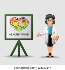 Doctor with healthy food banner. Nutritionist shows how to eat clean and fresh food. Green vegetables for body. Heart-shaped