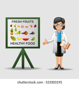 Doctor with healthy food banner. Nutritionist shows how to eat clean and fresh food. Green vegetables for body.