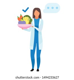 Doctor with healthy food flat vector illustration. Nutritionist holding bowl with fruits, vegetables. Dietitian offering vegetarian food ingredients isolated cartoon character on white background