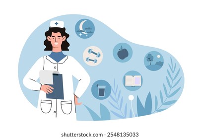 Arzt mit gesundem Lebensstil. Frau in medizinischer Uniform mit Sportgeräten und Apfel. Richtige Ernährung, Sport, Lesen und die richtige tägliche Routine. Flache Vektorgrafik einzeln auf weißem Hintergrund