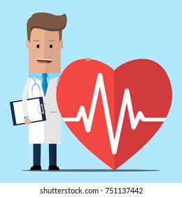 Doctor With A Heart. Medical Worker. Health Care.Doctor And Heart Pulse . Vector Illustration