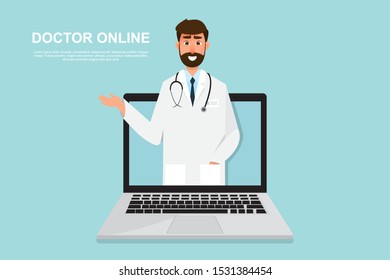 doctor help and care people inside laptop. Online medical consultation concept. Vector illustration cartoon character.