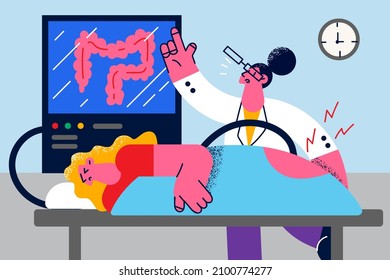 Doctor help patient with colonoscopy procedure in private clinic. Woman client undergo rectum disease screening in hospital. Intestine diagnostic and healthcare. Flat vector illustration. 
