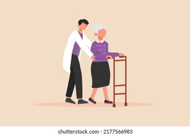 Doctor Help And Support Grandma Practice Walking Slowly With Walker At Home Care. Need A Doctor Concept. Flat Vector Illustration Isolated.