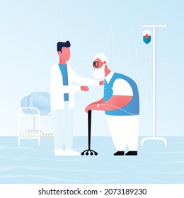 the doctor helped the gray-haired male elder stand up with a stick. Flat style vector illustration isolated on white background