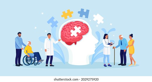 Doctor helping elder patients with Alzheimer disease. Senior care and assistance concept. Shattering human brain, memory loss and mental problems. Neurology therapy. Vector illustration