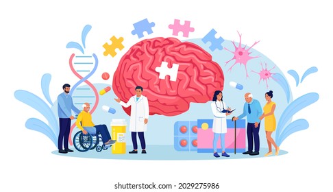 Doctor helping elder patients with Alzheimer disease. Senior care and assistance concept. Shattering human brain, memory loss and mental problems. Neurology therapy. Vector illustration