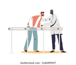 Doctor helping patient to walk after injury or medical operation during physio therapy and rehabilitation. Physiotherapy treatment for people with physical disabilities. Flat vector illustration