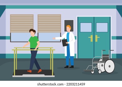 Doctor helping patient to walk after injury 2d flat vector illustration concept for banner, website, illustration, landing page, flyer, etc.
