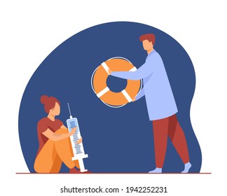 Doctor Helping Woman With Drug Addiction. Syringe, Life Preserver, Habit Flat Vector Illustration. Medicine And Rehabilitation Concept For Banner, Website Design Or Landing Web Page