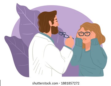 Doctor helps to choose glasses for patient with poor eyesight. Accessories at store or shop, ophthalmology and health care for people. Appointment at docs in clinics or hospital vector in flat