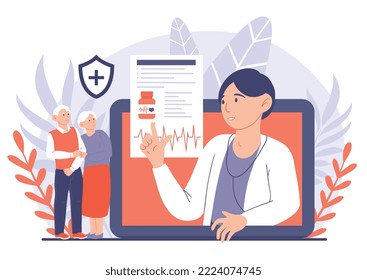 Doctor helps elderly patients. Young guy makes diagnosis and prescribes pills, drugs and chooses treatment method. Online consultant and assistant, specialist. Cartoon flat vector illustration