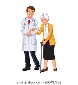 The doctor helps an elderly woman. Care for the elderly.