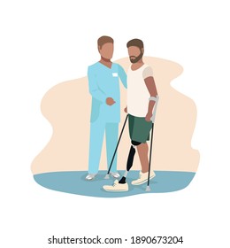 The doctor helps a man learn to walk on a prosthesis. A man is undergoing rehabilitation after leg amputation. Background vector illustration. svg