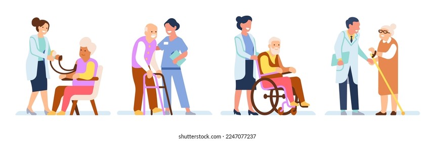 Doctor helps old people. Senior patients assistance. Nurse cares for grandmothers and grandfathers. Grandparents sitting in armchair and walking with cane. Vector happy