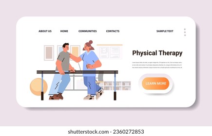 doctor helps patient after injury or medical operation during physio therapy man having physical rehabilitation horizontal