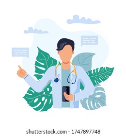 Doctor helps a patient on a mobile phone. Tele medicine, online doctor and medical consultation concept. Flat cartoon style vector illustration.