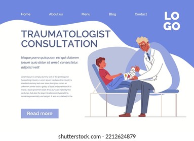 Doctor helps small patient with leg injury. Surgeon applied plaster cast. Broken limb. Vector characters flat cartoon illustration. Web template, landing page, website.