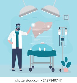 Doctor hepatologist or surgeon uses VR headsets. Doctor doing surgical operation of liver with help of virtual reality. Hepatologist or medical worker operating liver with digital glasses. flat vector