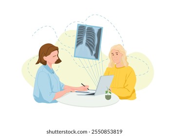 Doctor and her patient watching lung x-ray.
