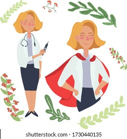 Doctor is a hero concept doctors and nurses you are superhero, Coronavirus health care workers, fight against Covid-19 viruses, full length woman doctor or nurse with red cloak vector illustration