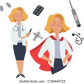 Doktor ist ein Helden-Konzept Ärzte und Krankenschwestern Sie Superhelden, Coronavirus Gesundheitshelfer, Kampf gegen Covid-19 Viren, Vollzeit-Frau Arzt oder Krankenschwester mit roten Kleidung Vektor Illustration