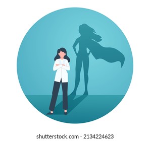 Doctor hero concept. Shadow of girl in raincoat against background of doctor in medical gown. Diagnosis and selection of optimal treatment method. Inner strength. Cartoon flat vector illustration